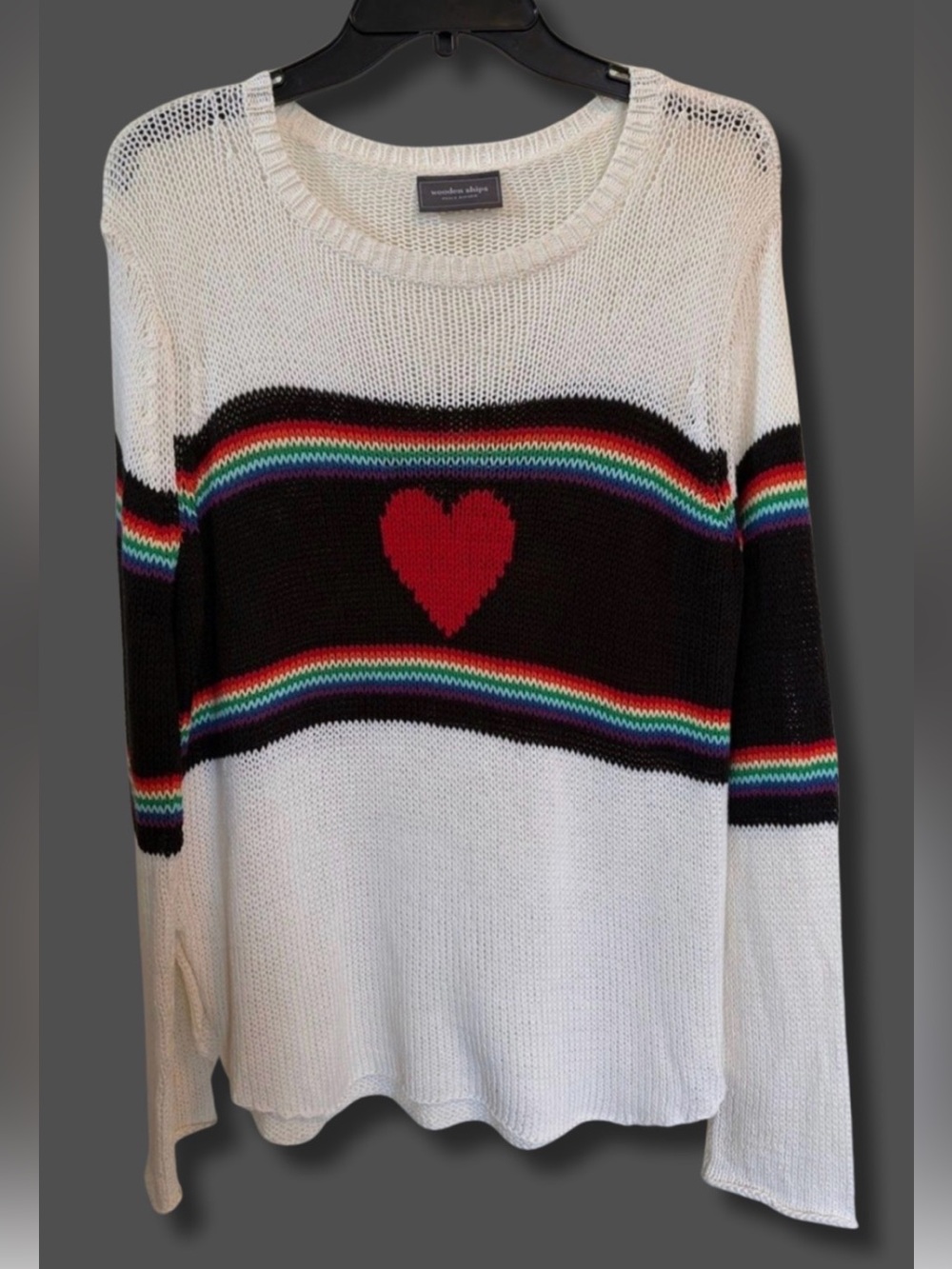 Wooden Ships Heart Rainbow Stripe Sweater M/L White Black Cotton Blend Knit